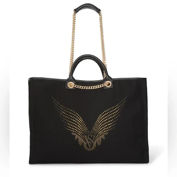 VS FASHION SHOW 2025 BACKSTAGE DOUBLE HANDLE TOTE BLACK/GOLD RHINESTONES LOGO - Picture 2 of 5